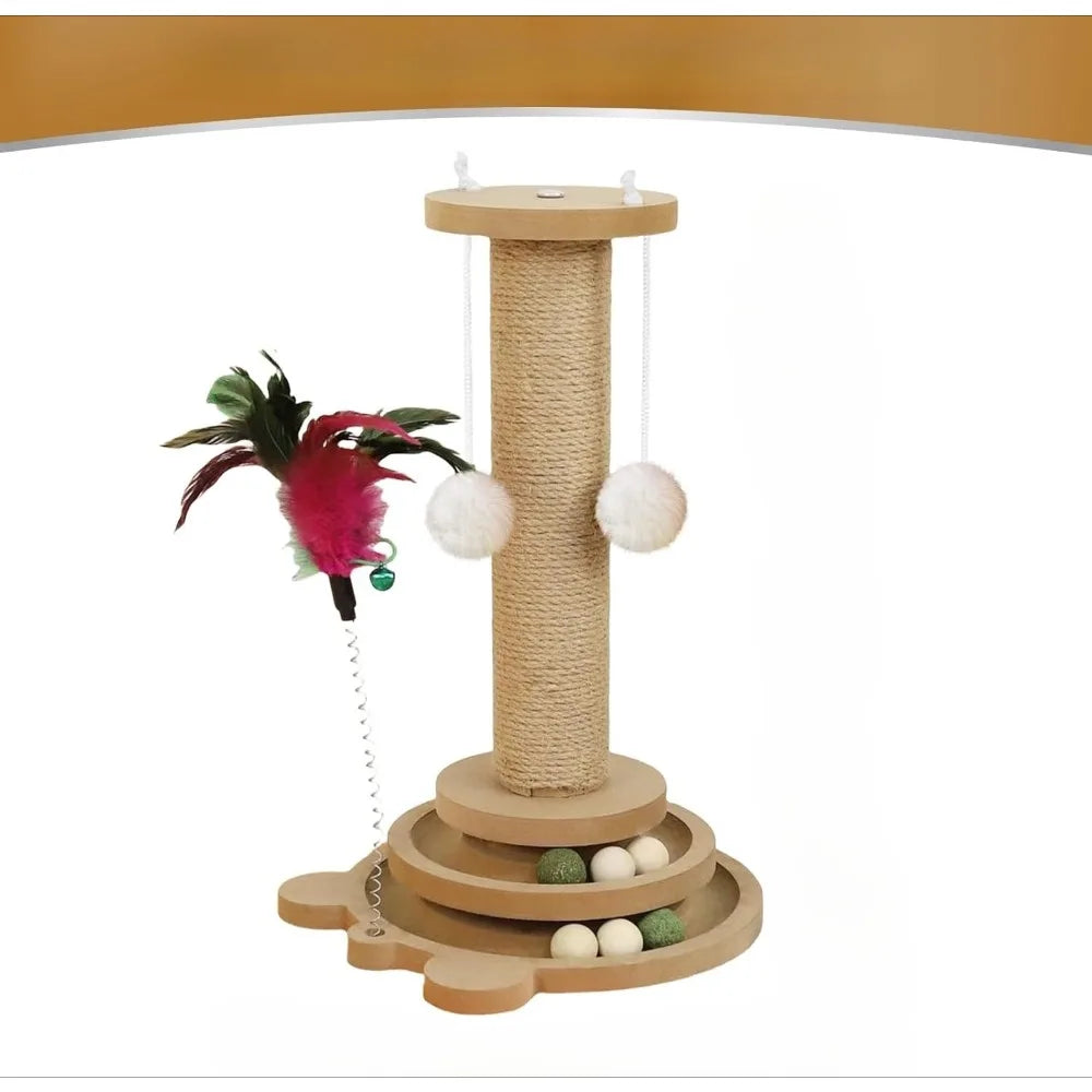 Gray sisal vertical scratching post with hanging pom-pom balls and spring feather wand