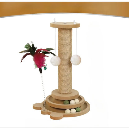 Gray sisal vertical scratching post with hanging pom-pom balls and spring feather wand