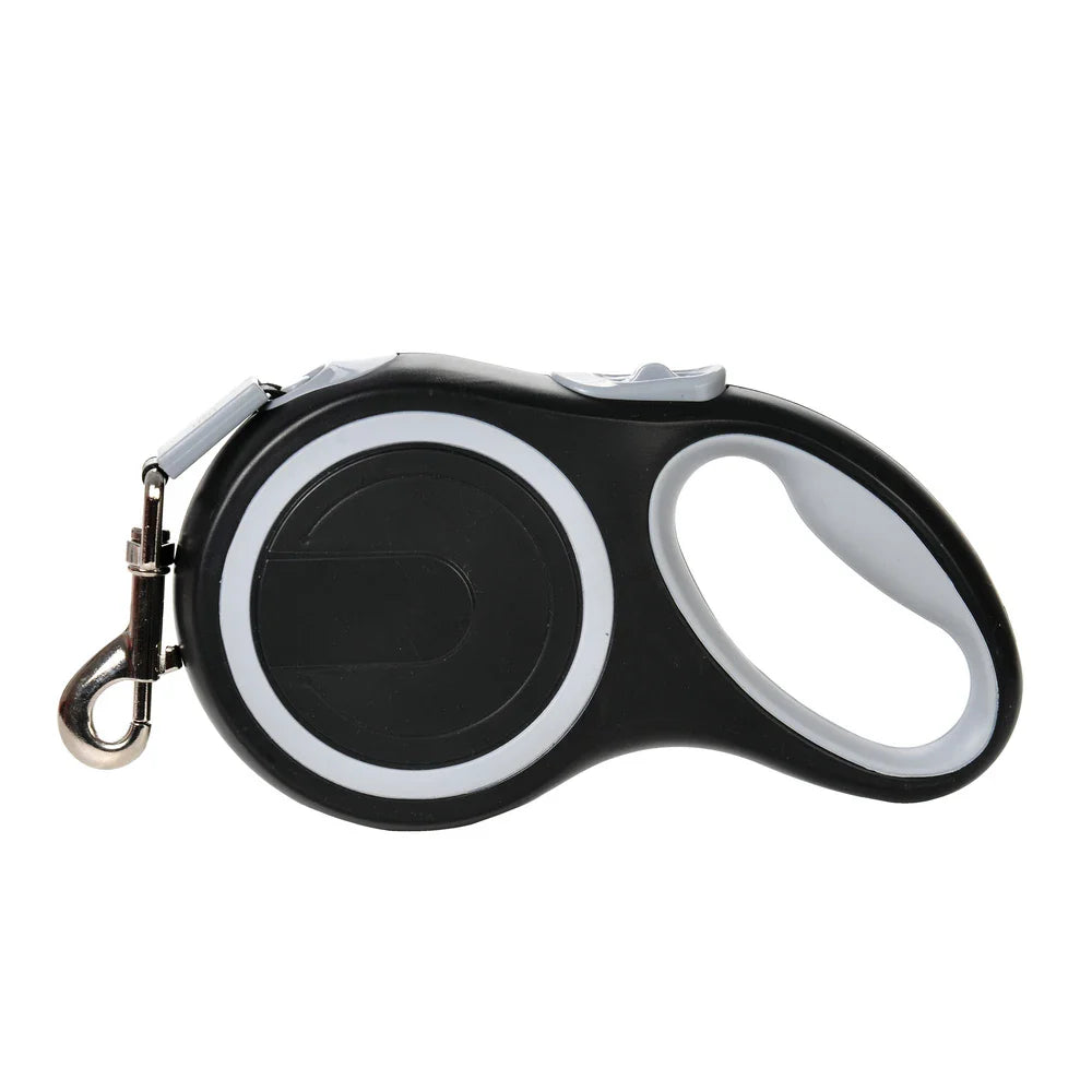 Black retractable dog leash with light gray accents and metal carabiner clasp