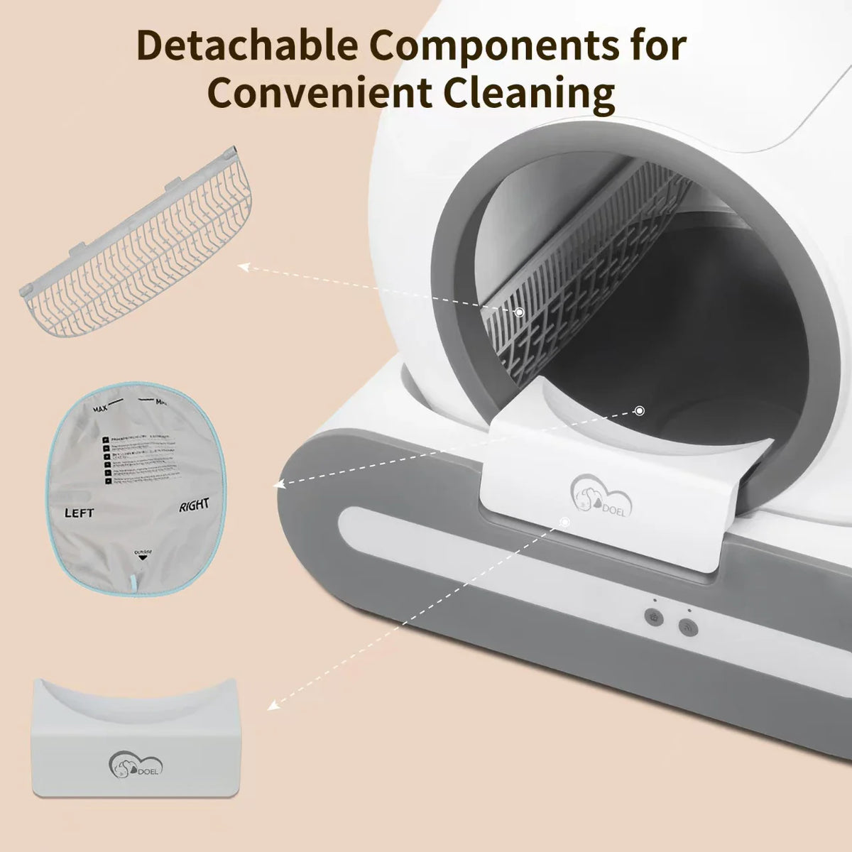 White automatic self-cleaning cat litter box with detachable components for easy cleaning