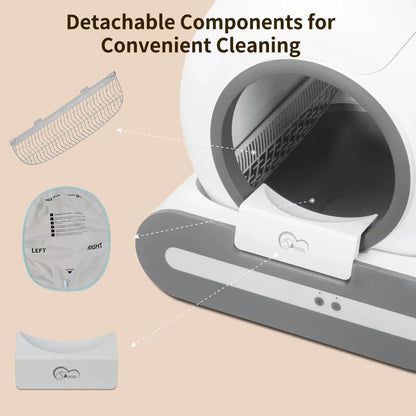White automatic self-cleaning cat litter box with detachable components for easy cleaning