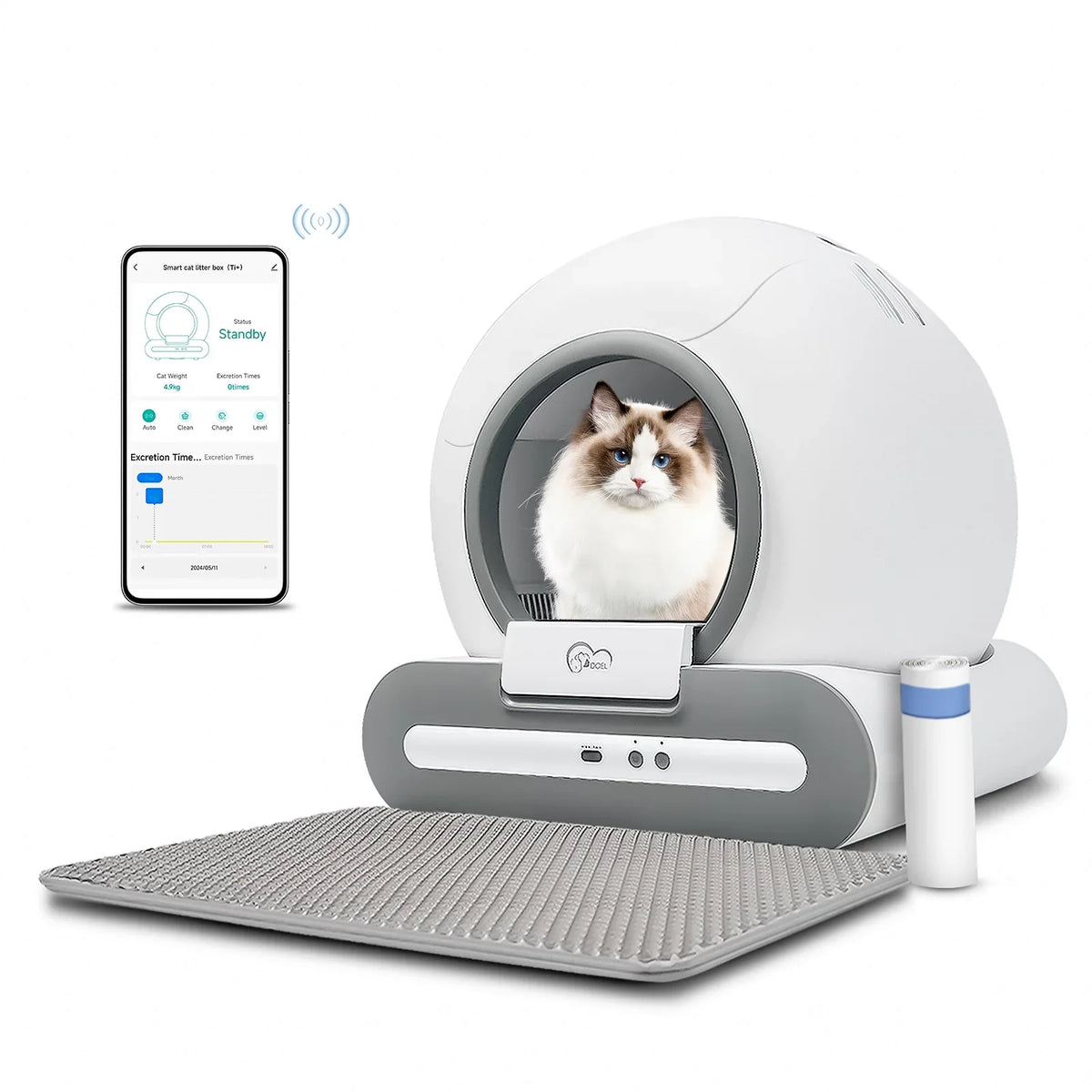 Automatic self-cleaning cat litter box with dark gray base and gray litter mat