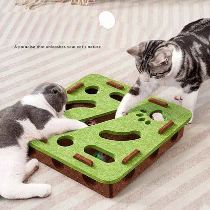 Interactive cat puzzle scratch toy with green felt top and brown base, with holes and pegs