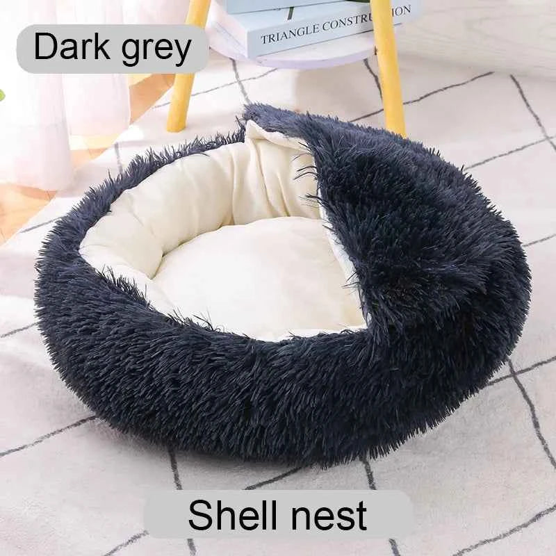 Dark grey shaggy round pet bed with soft inner cushion and raised donut-style rim