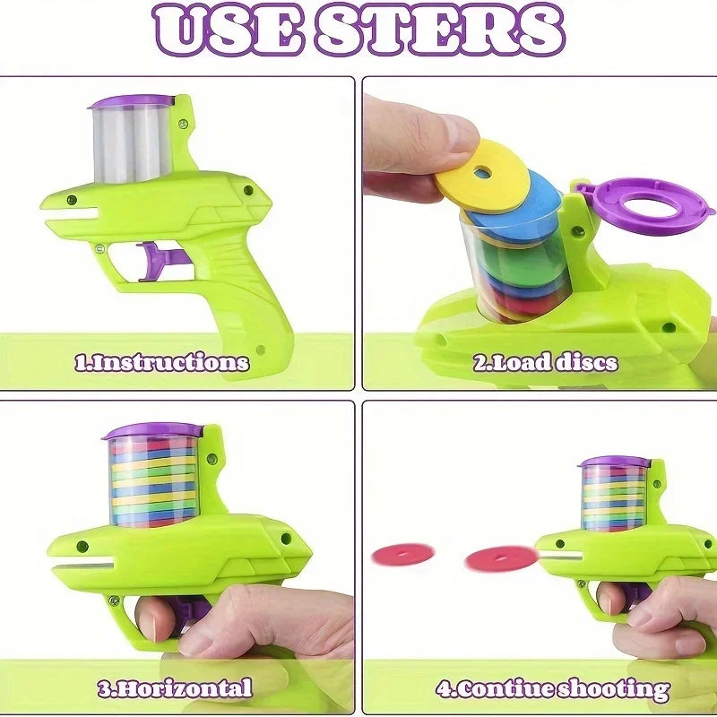 Green cat disc launcher toy being held with stacked rainbow soft discs