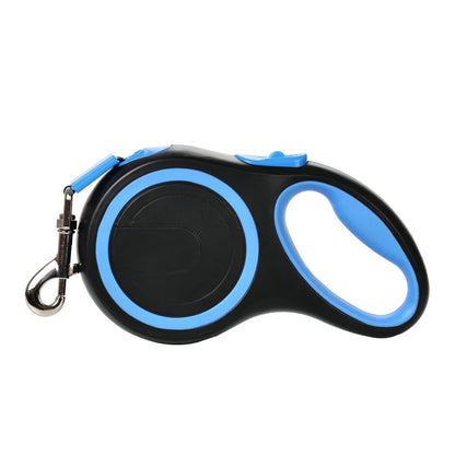 Black retractable dog leash with blue oval handle and metal clip