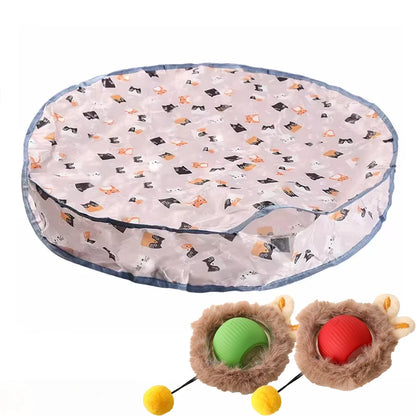 Interactive cat play mat with two plush pouch holders and green and red balls
