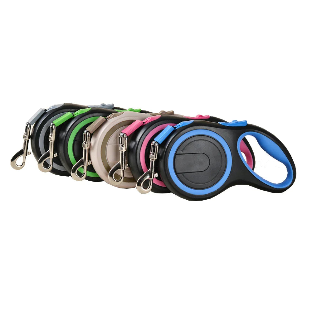 Retractable dog leash set in multiple colors with black housings and metal clips