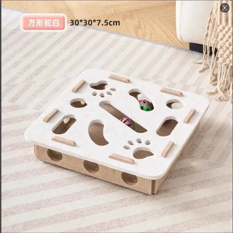 White cat puzzle toy with circular maze cutouts and multicolor peekaboo pieces