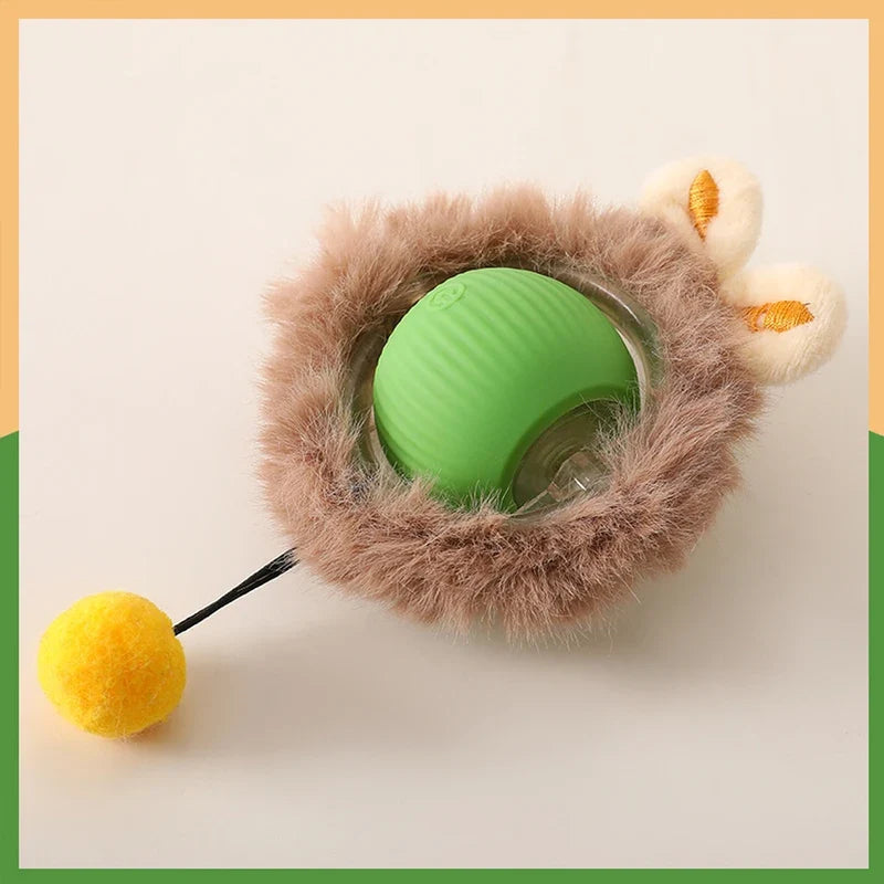 Green-ball interactive pouch toy with fuzzy nest and fabric tail teaser