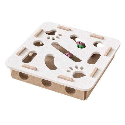 Interactive cat puzzle scratch toy with white felt top and brown base, shown at an angle