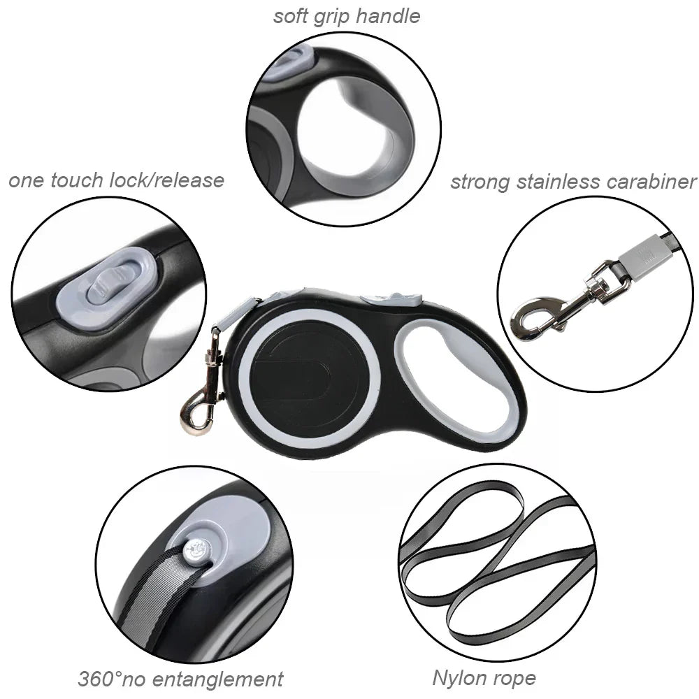 Retractable leash handle features: soft grip, one-touch lock, stainless carabiner, nylon rope