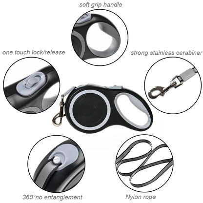 Retractable leash handle features: soft grip, one-touch lock, stainless carabiner, nylon rope
