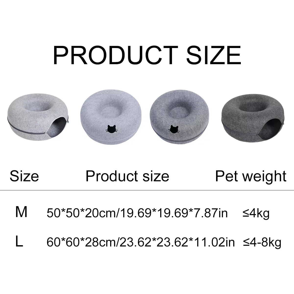 Cat cave bed sizes M and L with dimensions and pet weight limits for cozy feline comfort