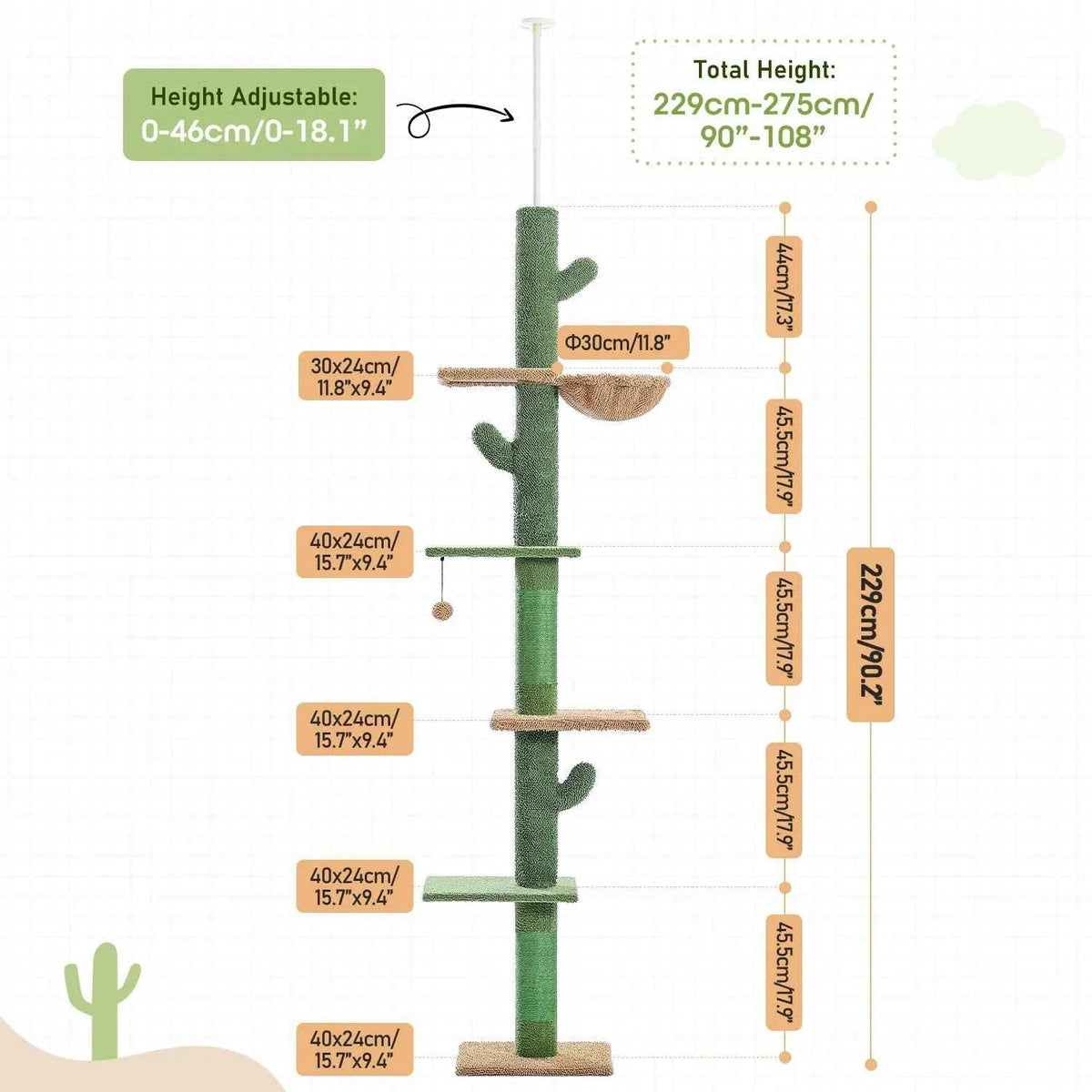 Cactus cat tree tower showing adjustable height and tiered scratching platforms