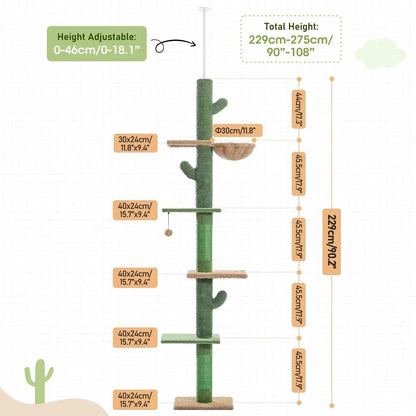 Cactus cat tree tower showing adjustable height and tiered scratching platforms