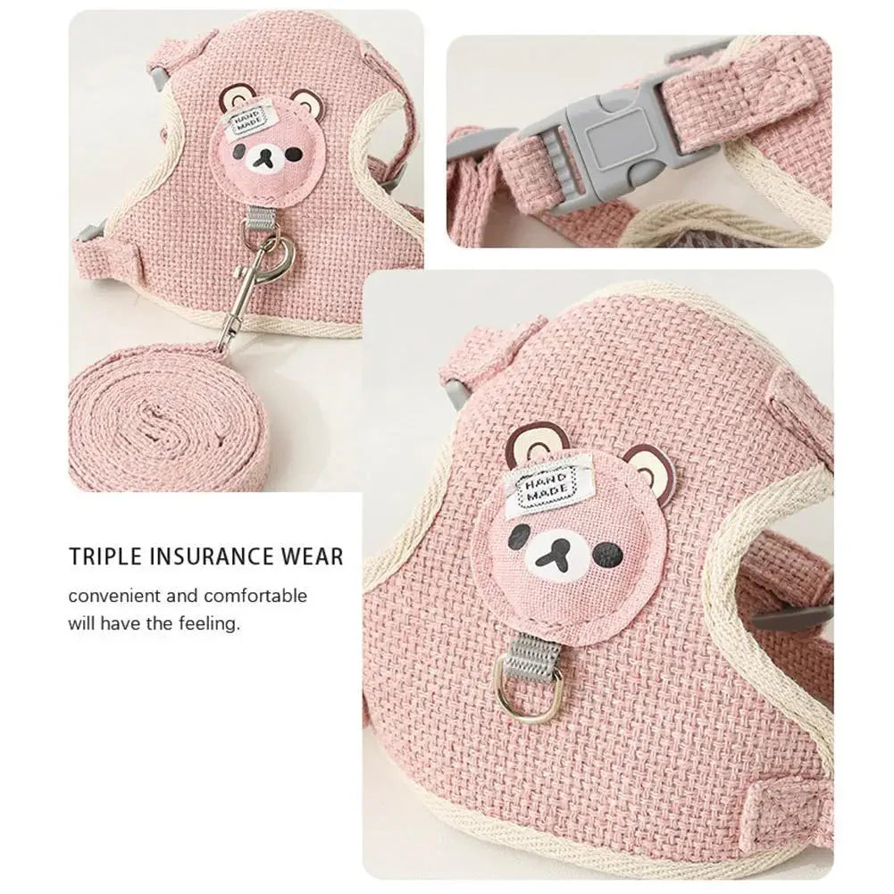 Pink pet harness vest with bear patch, adjustable buckle strap, metal leash ring