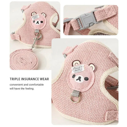 Pink pet harness vest with bear patch, adjustable buckle strap, metal leash ring