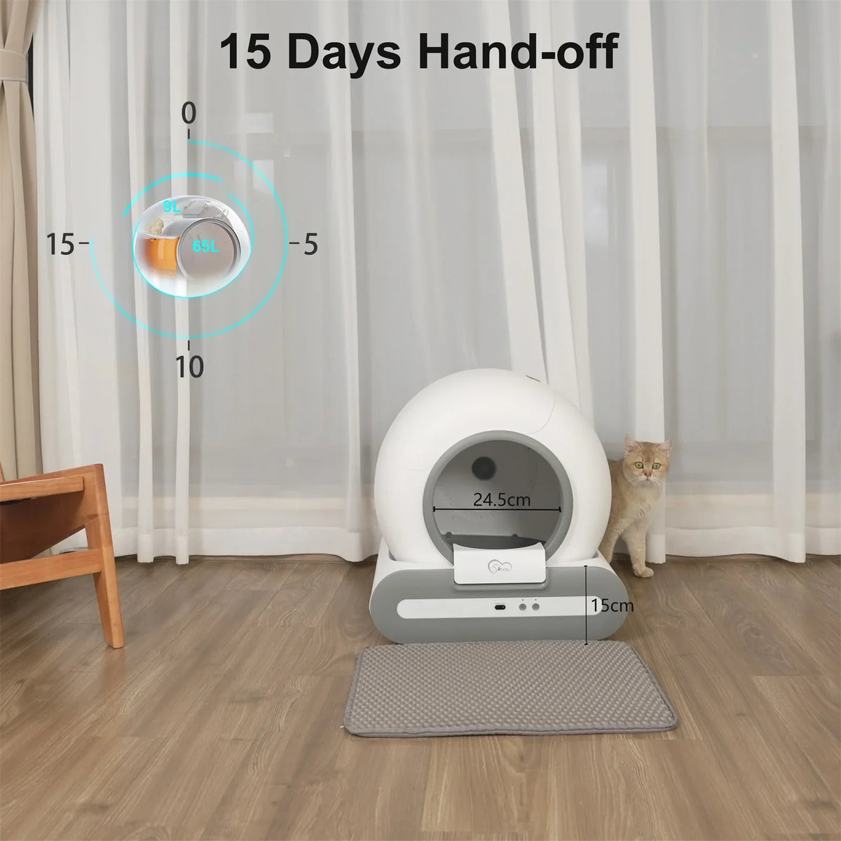 Automatic cat litter box with 15-day hand-off timer feature and gray litter mat