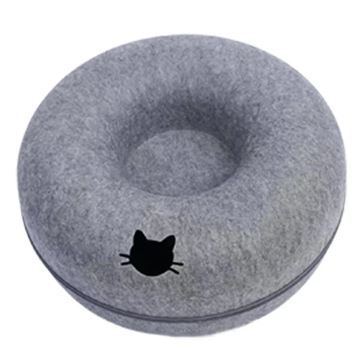 Gray felt cat slow feeder bowl with black cat silhouette, promotes healthy eating for pets