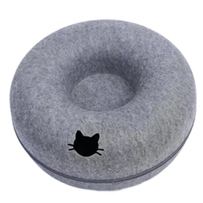 Gray felt cat slow feeder bowl with black cat silhouette, promotes healthy eating for pets