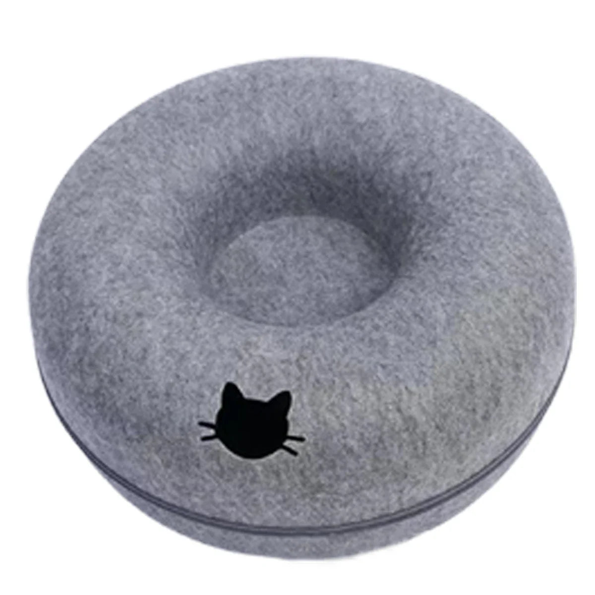 Light gray felt donut cat bed front view with black cat silhouette emblem