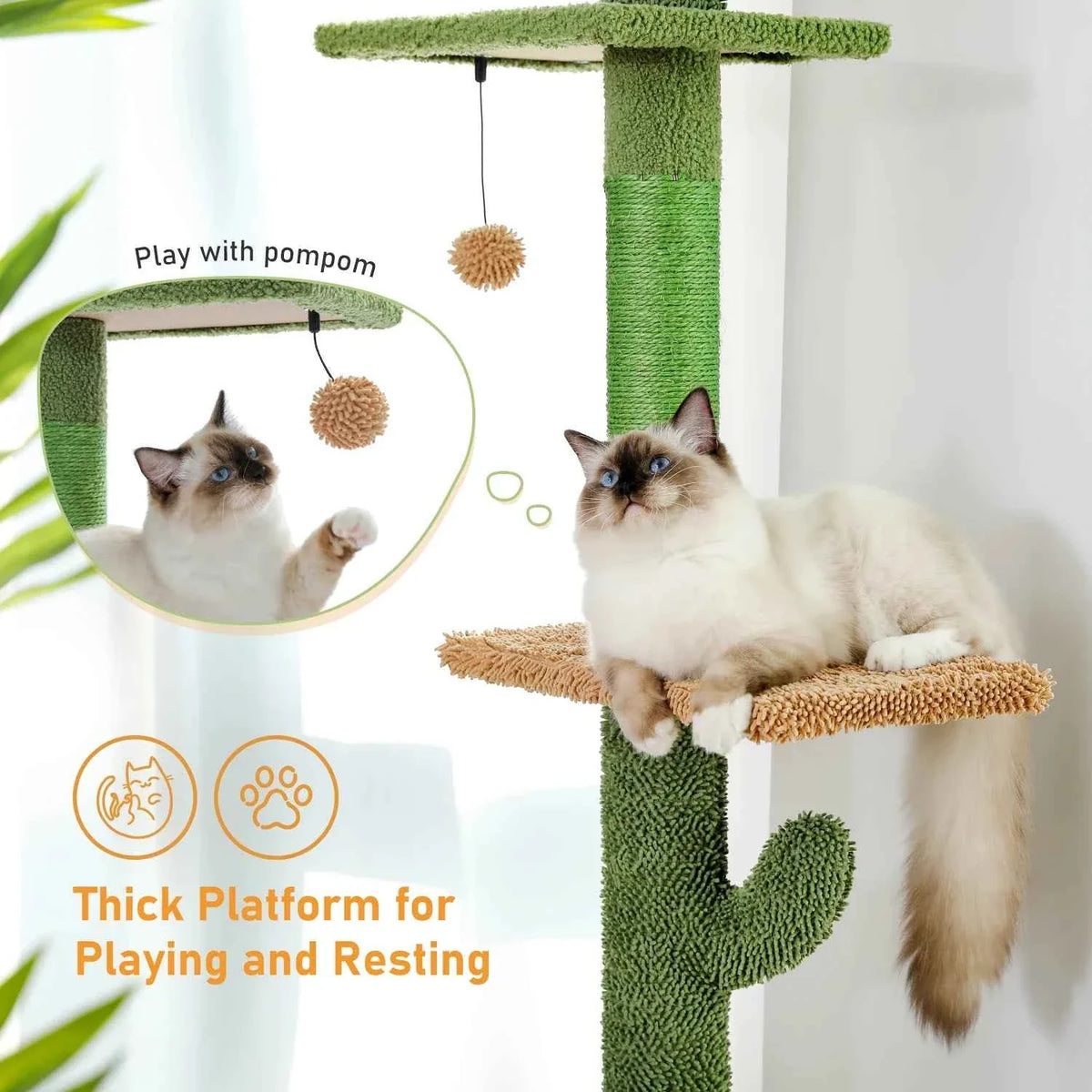 Green cactus cat tree with thick platform, dangling pompom toys, and resting cat