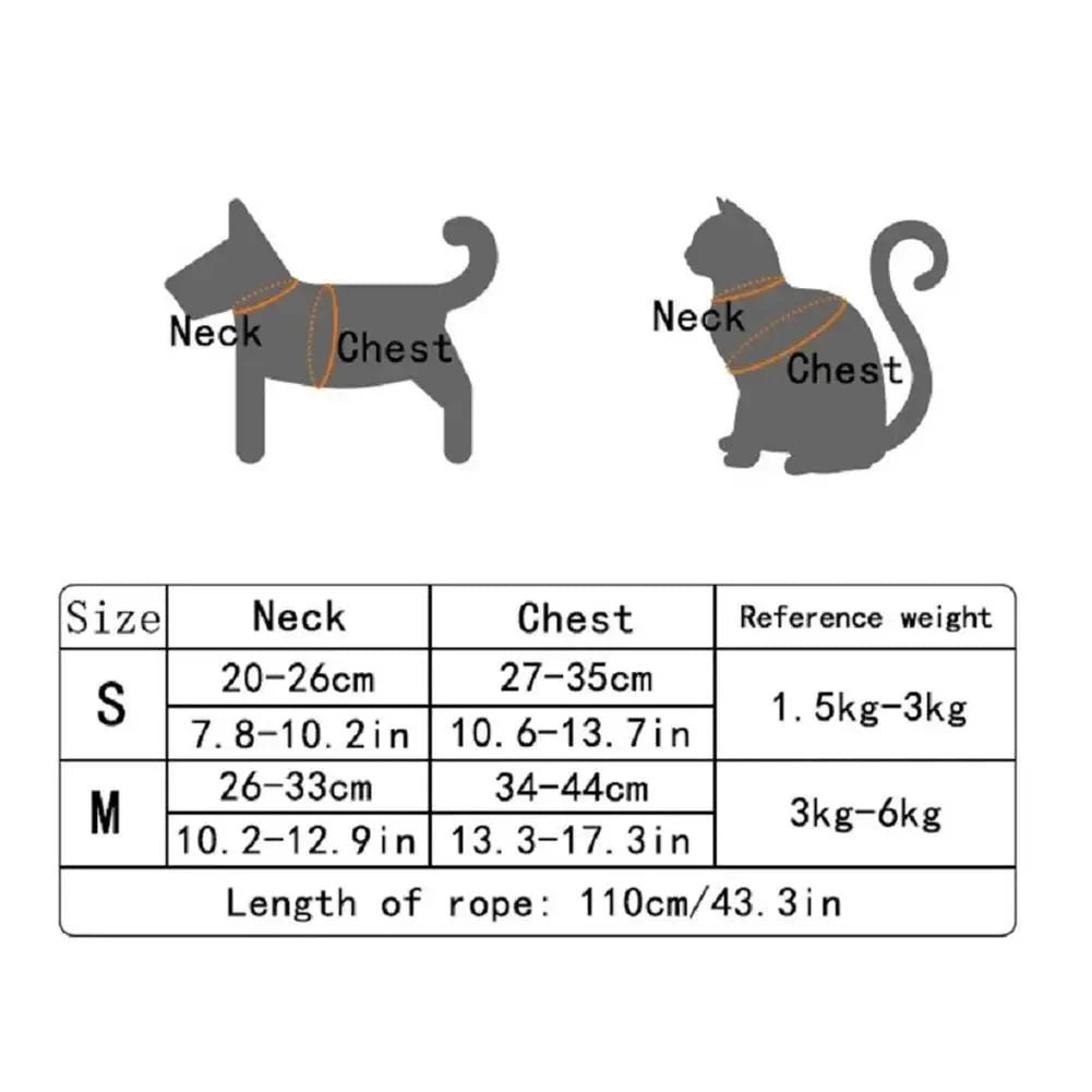 Pet harness sizing chart with neck and chest measurements and 110 cm rope length