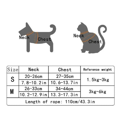 Pet harness sizing chart with neck and chest measurements and 110 cm rope length