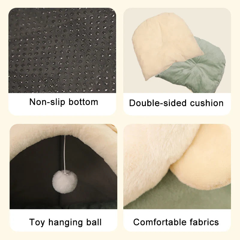 Plush cat cave bed features: non-slip bottom, double-sided cushion, hanging toy, soft fabric