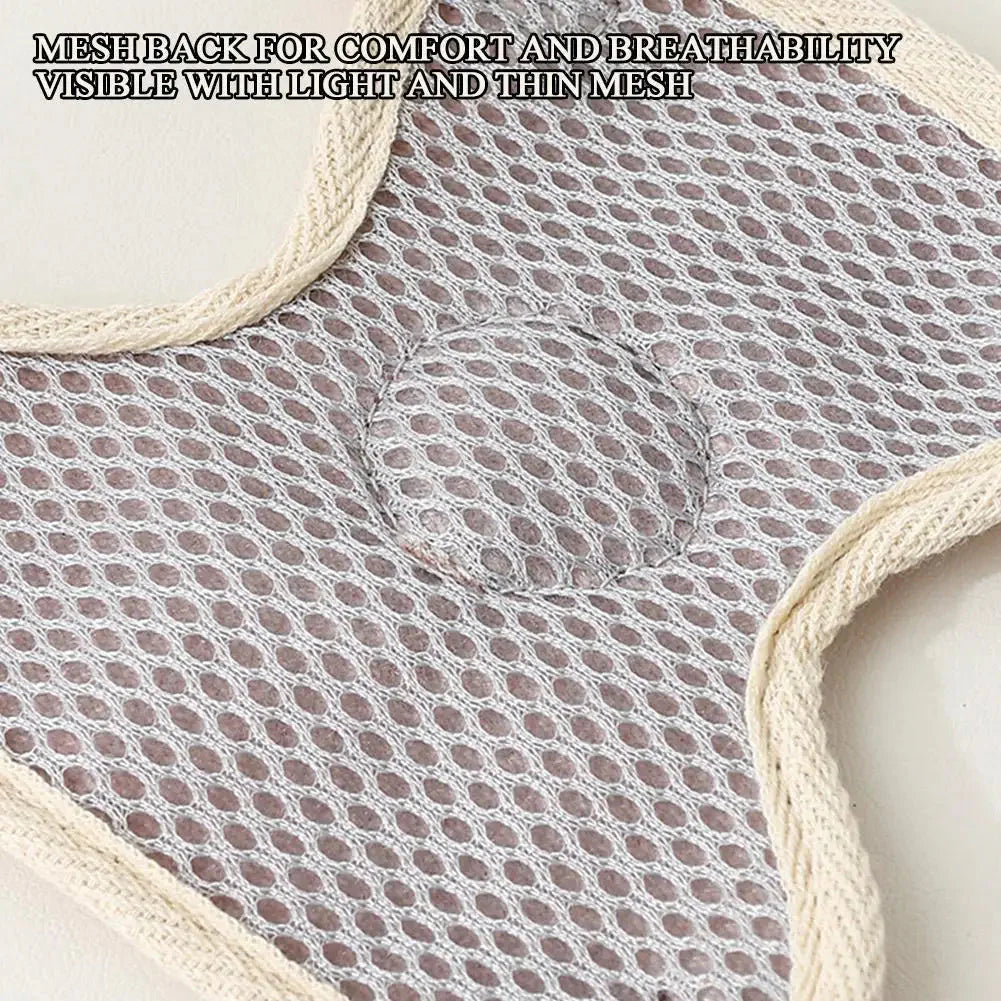 Breathable mesh pet harness fabric with small holes and beige trim, part of vest