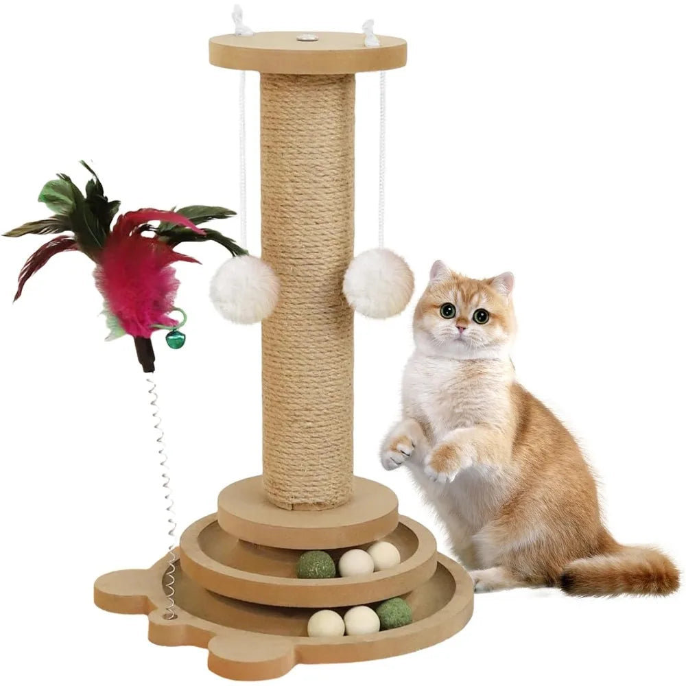 Gray sisal cat scratching post with hanging balls, feather wand toy, and sitting cat