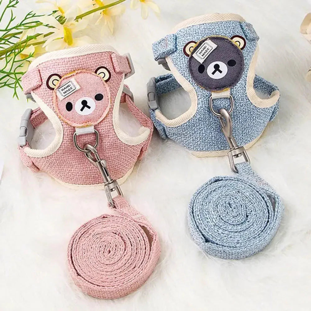 Adjustable pet harness vest with leash set, pink and blue bear design, rolled leash