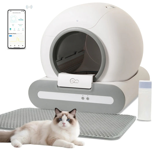 White and gray automatic self-cleaning cat litter box with app control and open entrance
