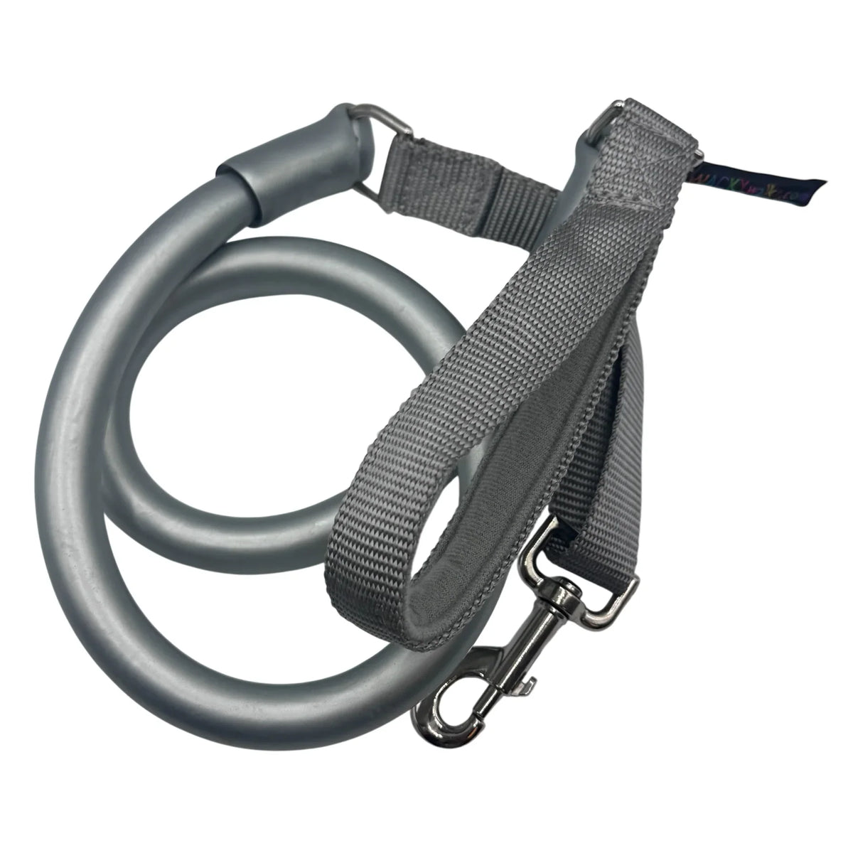 Gray no-pull dog leash with textured gray strap and metal clasp hardware.
