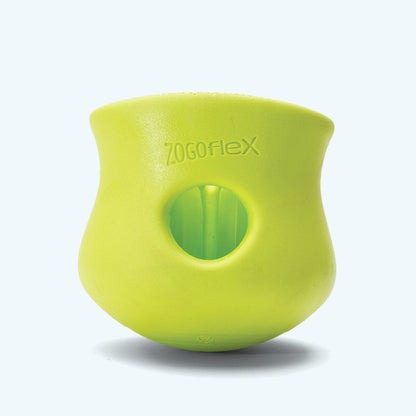 Green silicone treat dispenser with circular hole opening on the front