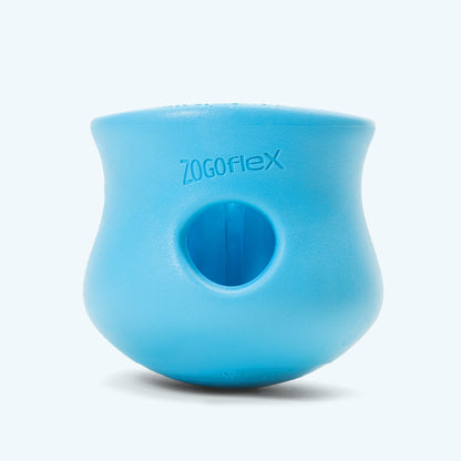 Blue silicone treat dispenser with circular hole opening on the front