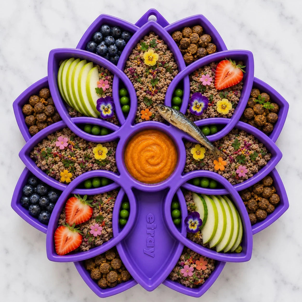 Purple Mandala slow feeder dog bowl filled with kibble, berries, peas, and fruit