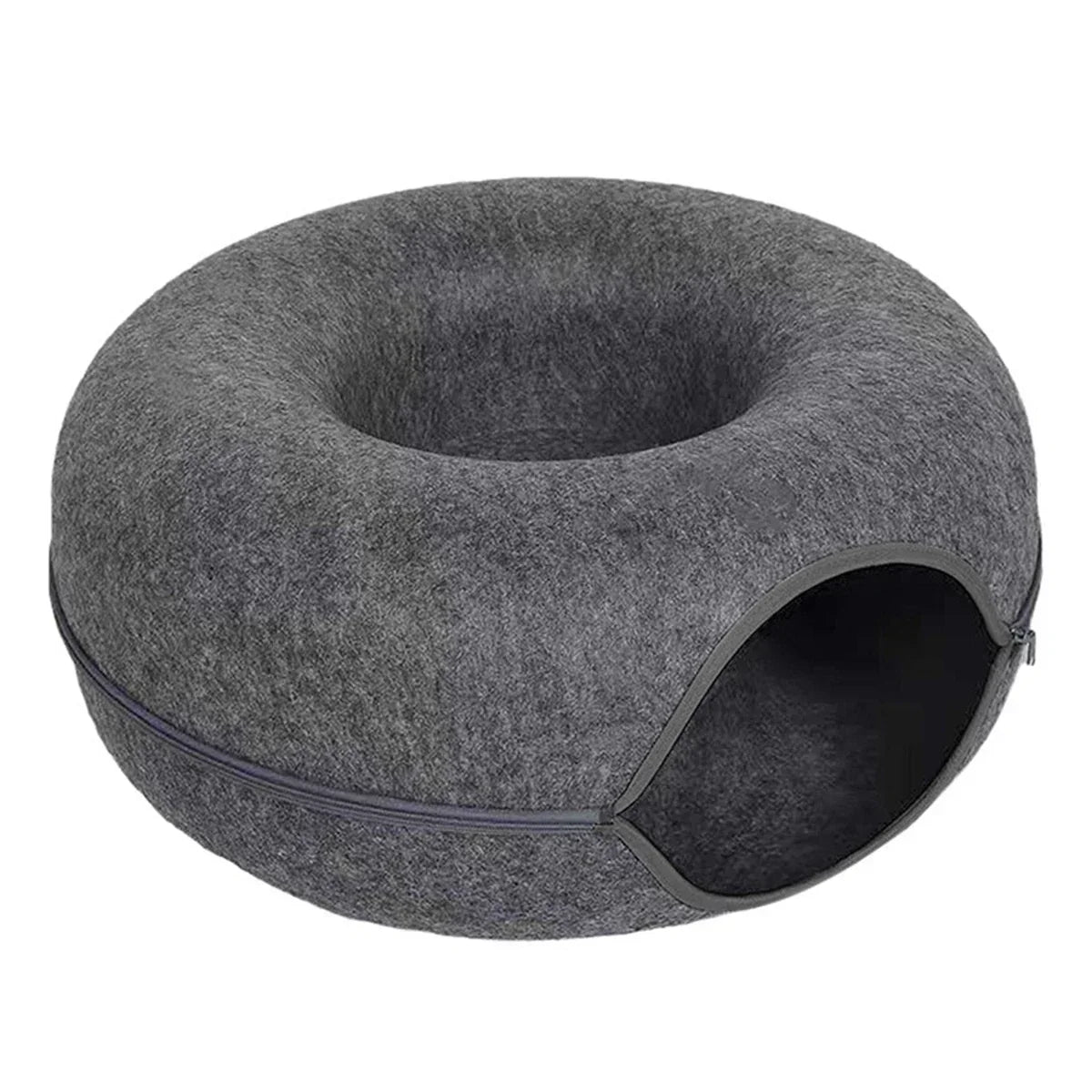 Gray felt donut cat bed with cozy cave entrance for cats and small dogs