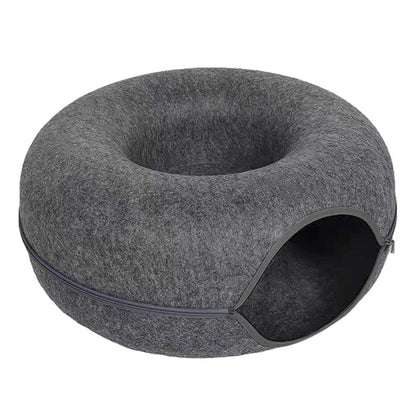Gray felt donut cat bed with cozy cave entrance for cats and small dogs