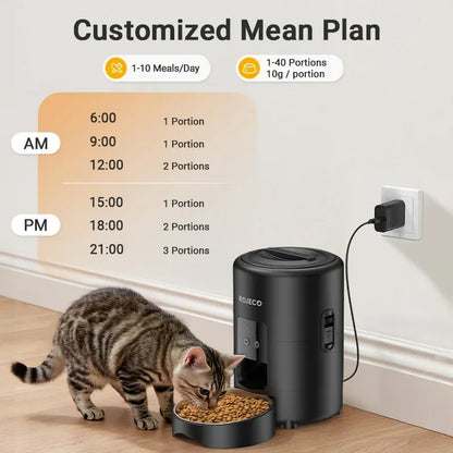 Cat eating from ROJEKO automatic feeder with customized meal plan, 1-10 meals/day, 10g/portion