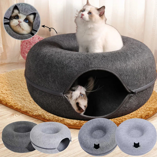 Cozy gray felt cat bed with hooded cave, perfect for cats to hide and relax, shown with playful feline.