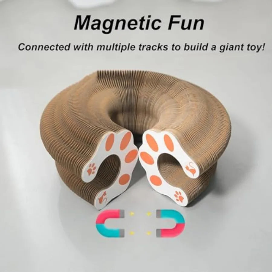 Circular accordion cat scratcher with paw-shaped openings and ball track connection