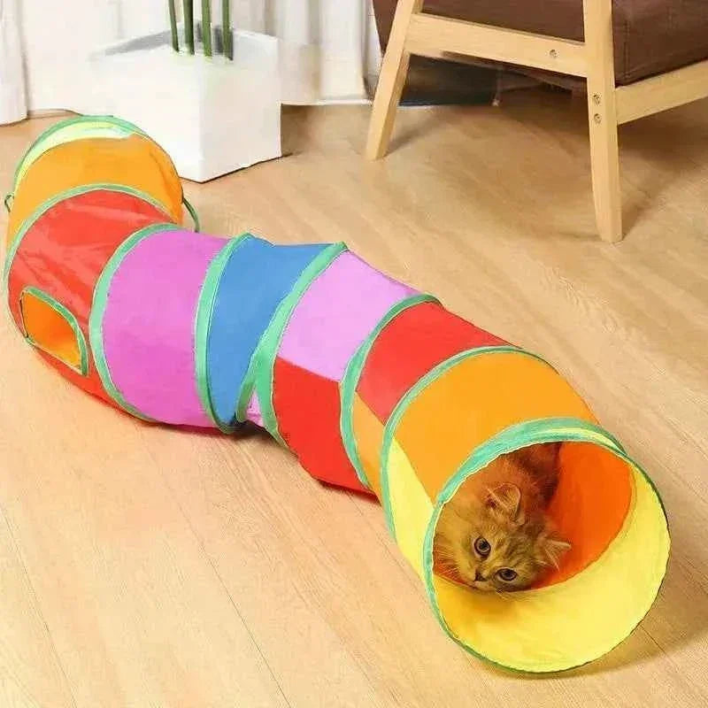 A fluffy ginger cat peeking out of a colorful WTN Essentials foldable cat tunnel toy.