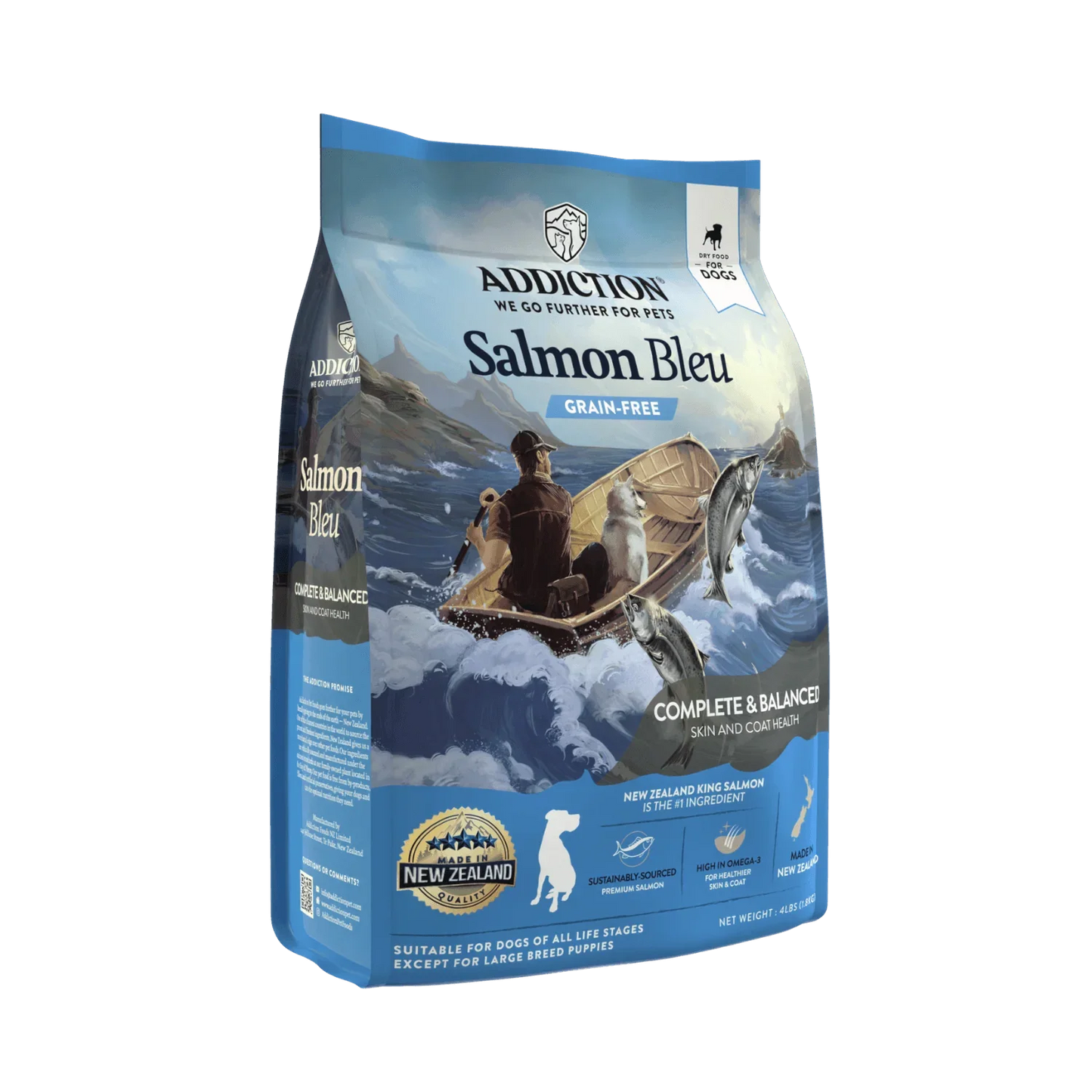 Addiction Salmon Bleu grain-free dog food for skin and coat health, made with New Zealand king salmon