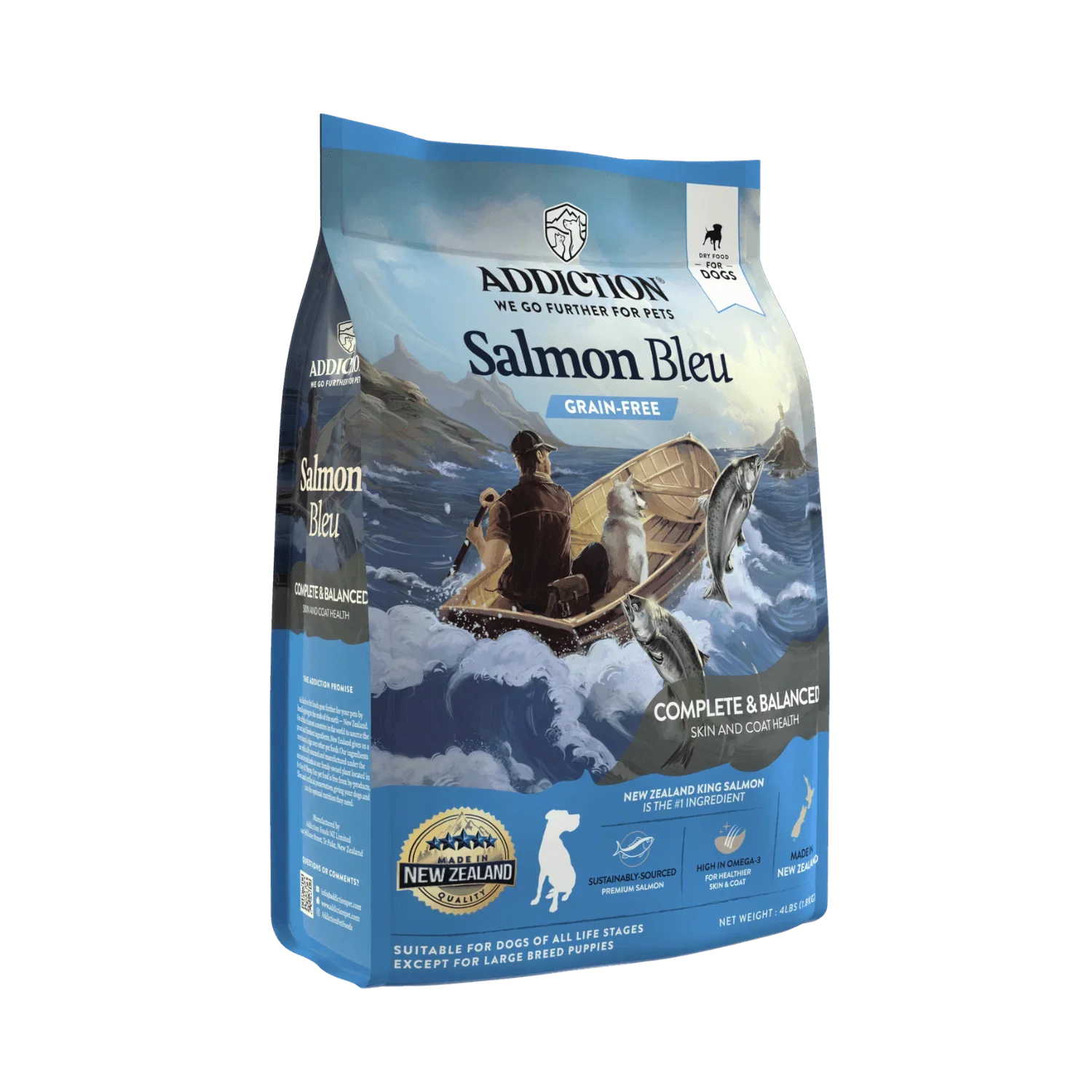 Addiction Salmon Bleu grain-free dog food for skin and coat health, made with New Zealand king salmon