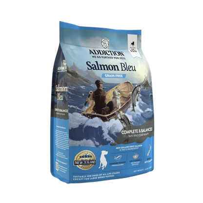 Addiction Salmon Bleu grain-free dog food for skin and coat health, made with New Zealand king salmon