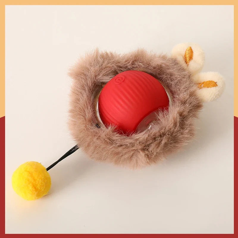 Red-ball interactive pouch toy with fuzzy nest and fabric tail teaser