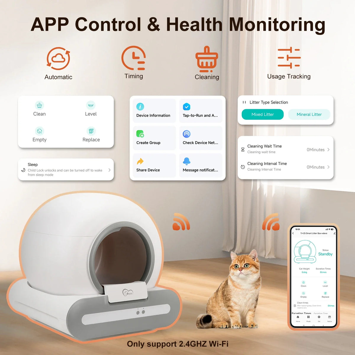 White and gray automatic cat litter box with app control and health monitoring display