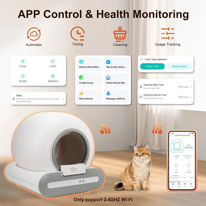 White and gray automatic cat litter box with app control and health monitoring display